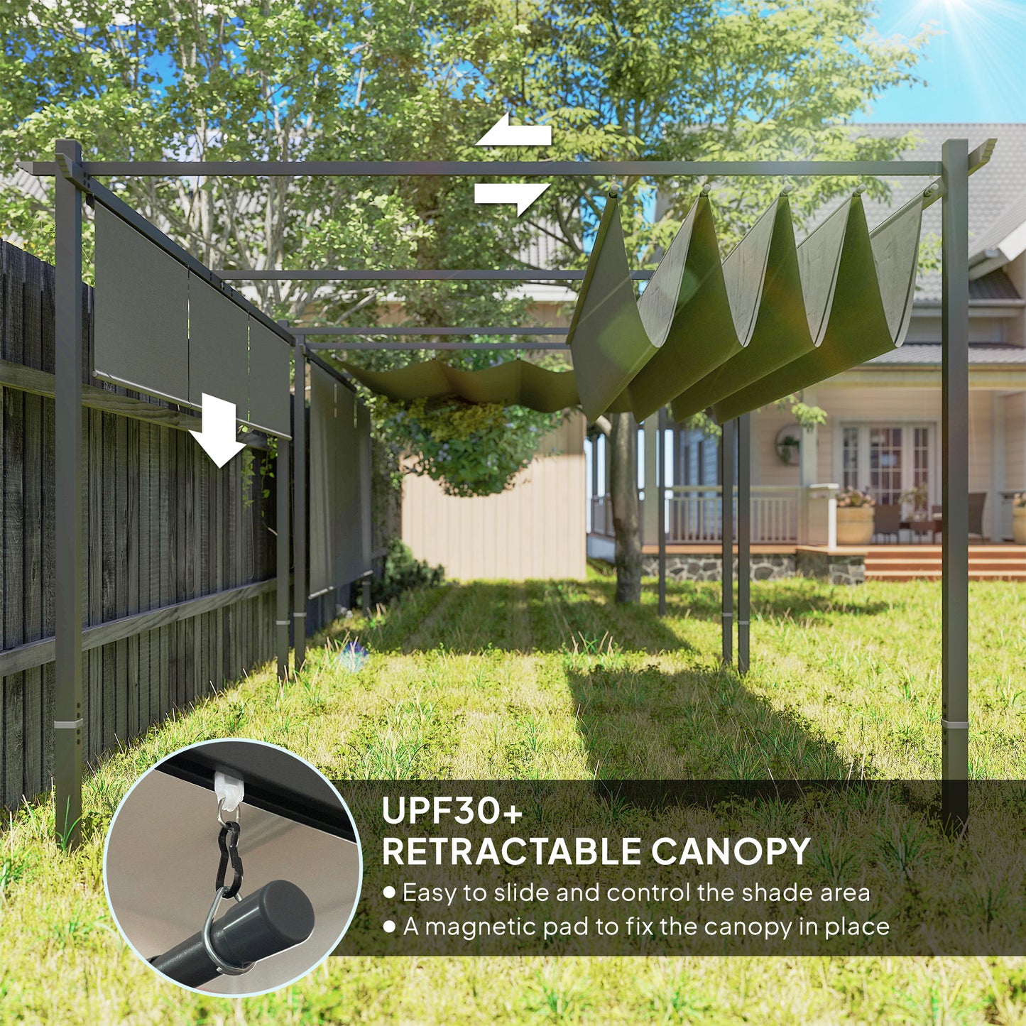 3 x 4m Metal Pergola with Retractable Roof and Roller Shade, Grey