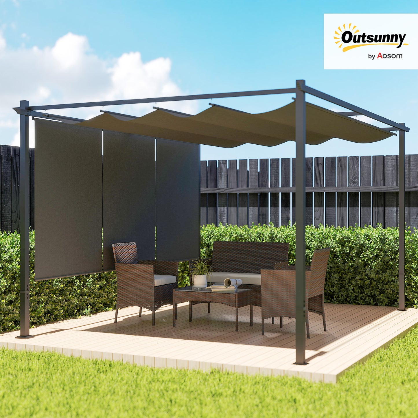 3 x 4m Metal Pergola with Retractable Roof and Roller Shade, Grey