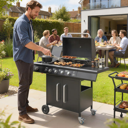 Burner Gas BBQ Grill, Gas Barbecue Trolley with Side Table, Black