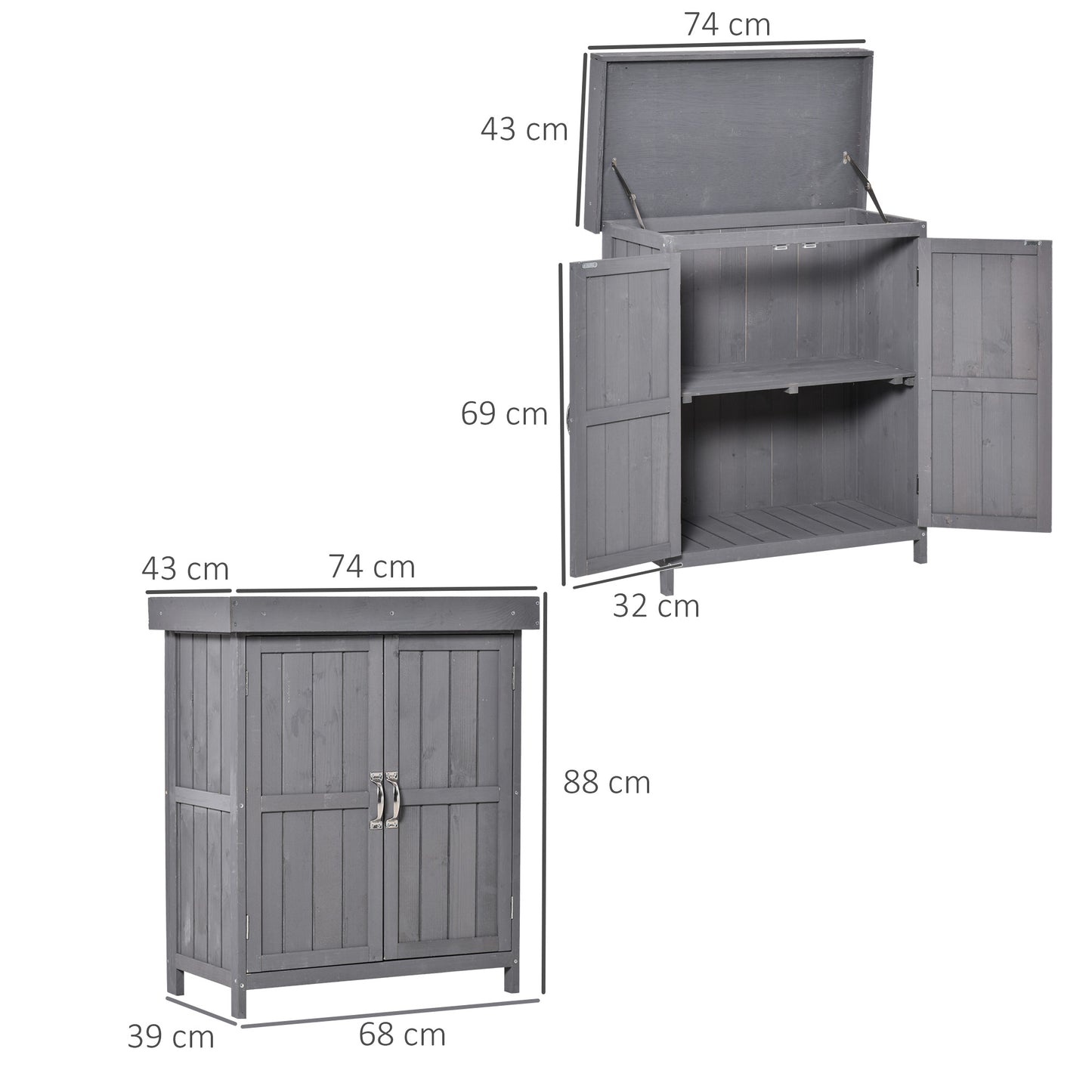 Wooden Garden Storage Shed with Hinged Roof and Shelves, 74 x 43 x 88cm