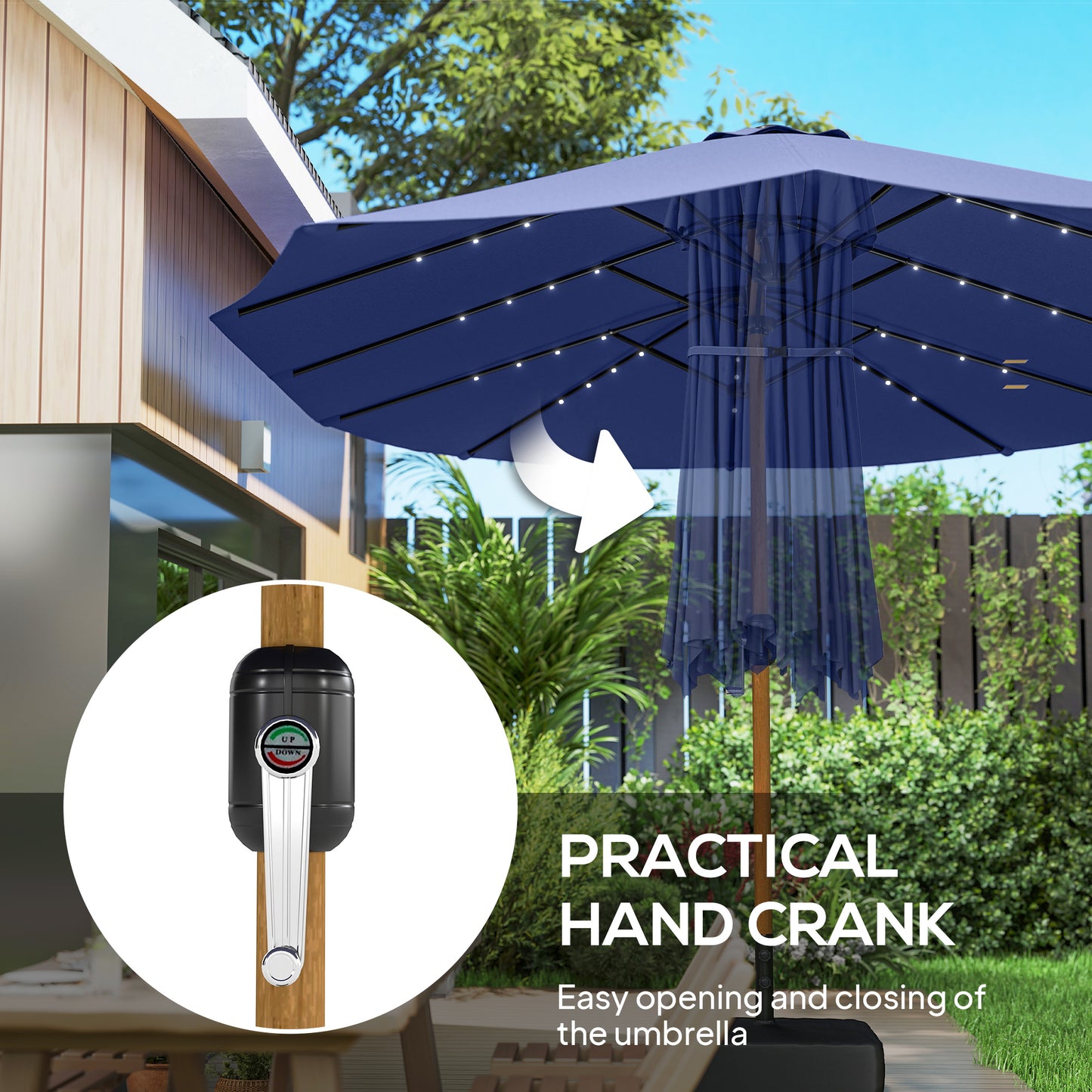 Double Sided Garden Parasol with 48 Solar LED Lights 4.6m Dark Blue