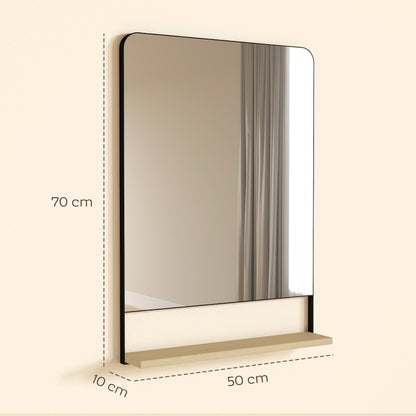 Decorative Mirror with Wood Shelf, Industrial Wall Mirror, Black