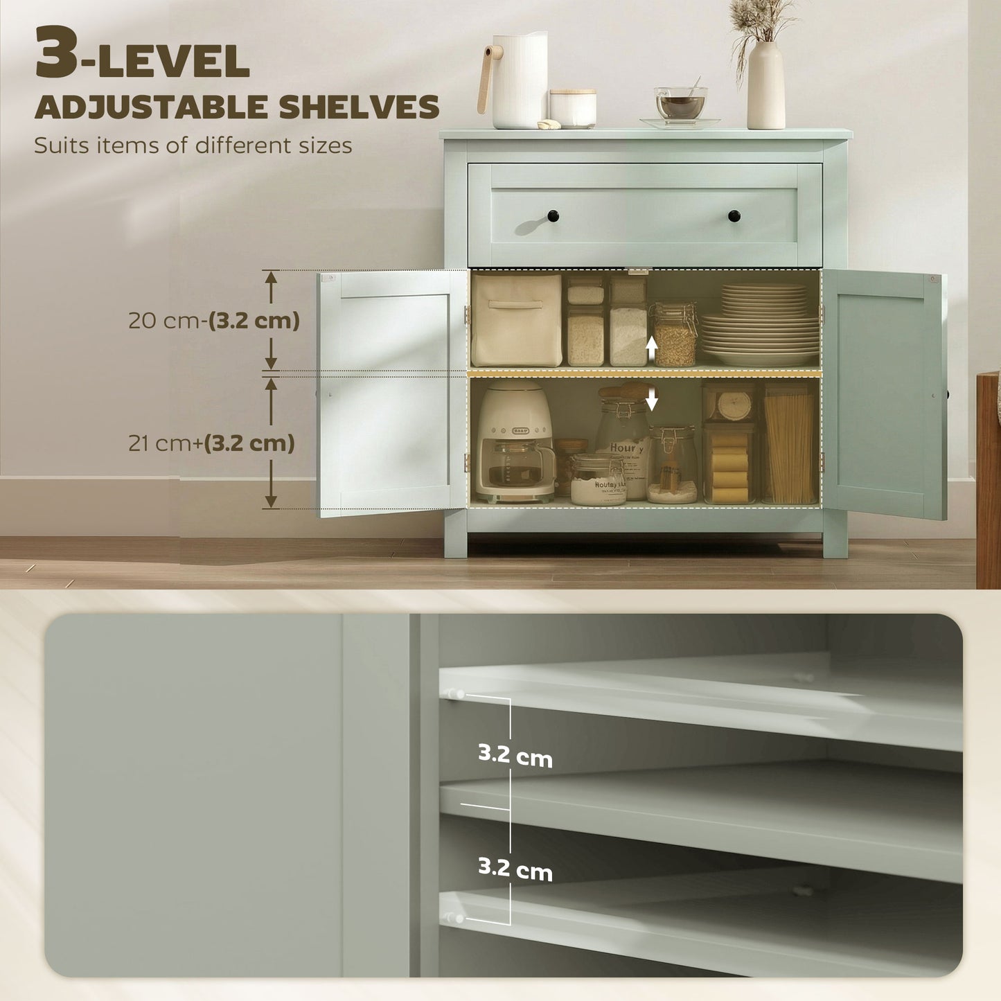 Sideboard, Kitchen Storage Cabinet w/ Adjustable Shelf, Drawer, Green