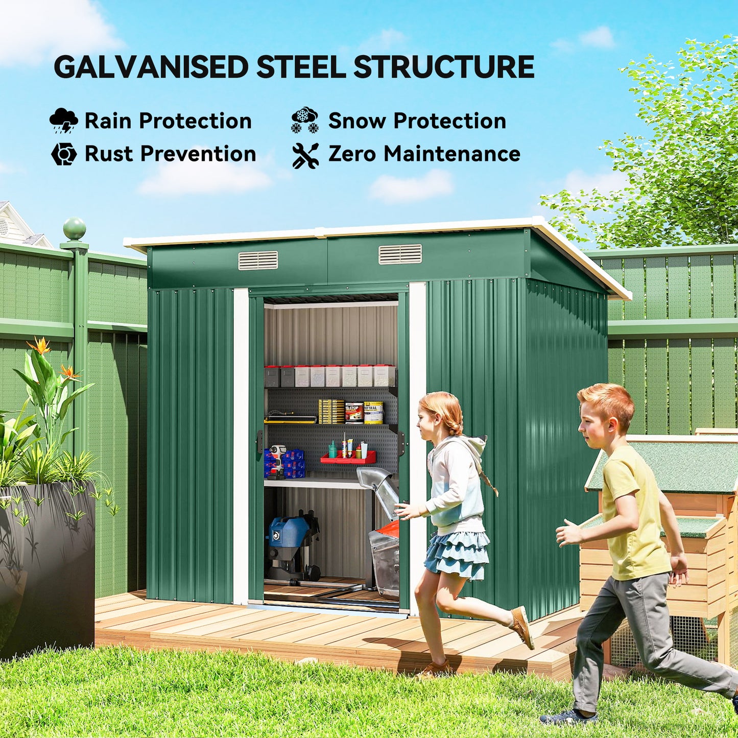 7 x 4ft Outdoor Storage Shed with Foundation Kit, Lean to Metal Garden Shed for Log, Rubbish Bin, Tool, Lawnmower, Bike, Patio Use, Green