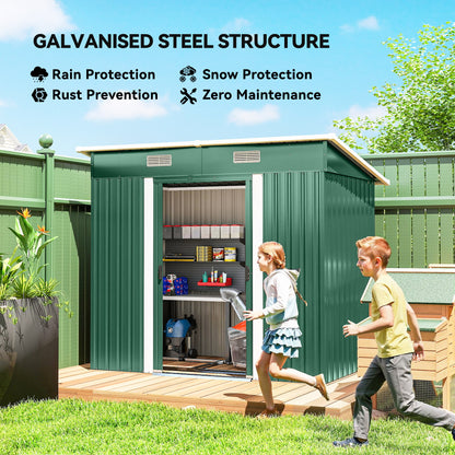 7 x 4ft Outdoor Storage Shed with Foundation Kit, Lean to Metal Garden Shed for Log, Rubbish Bin, Tool, Lawnmower, Bike, Patio Use, Green