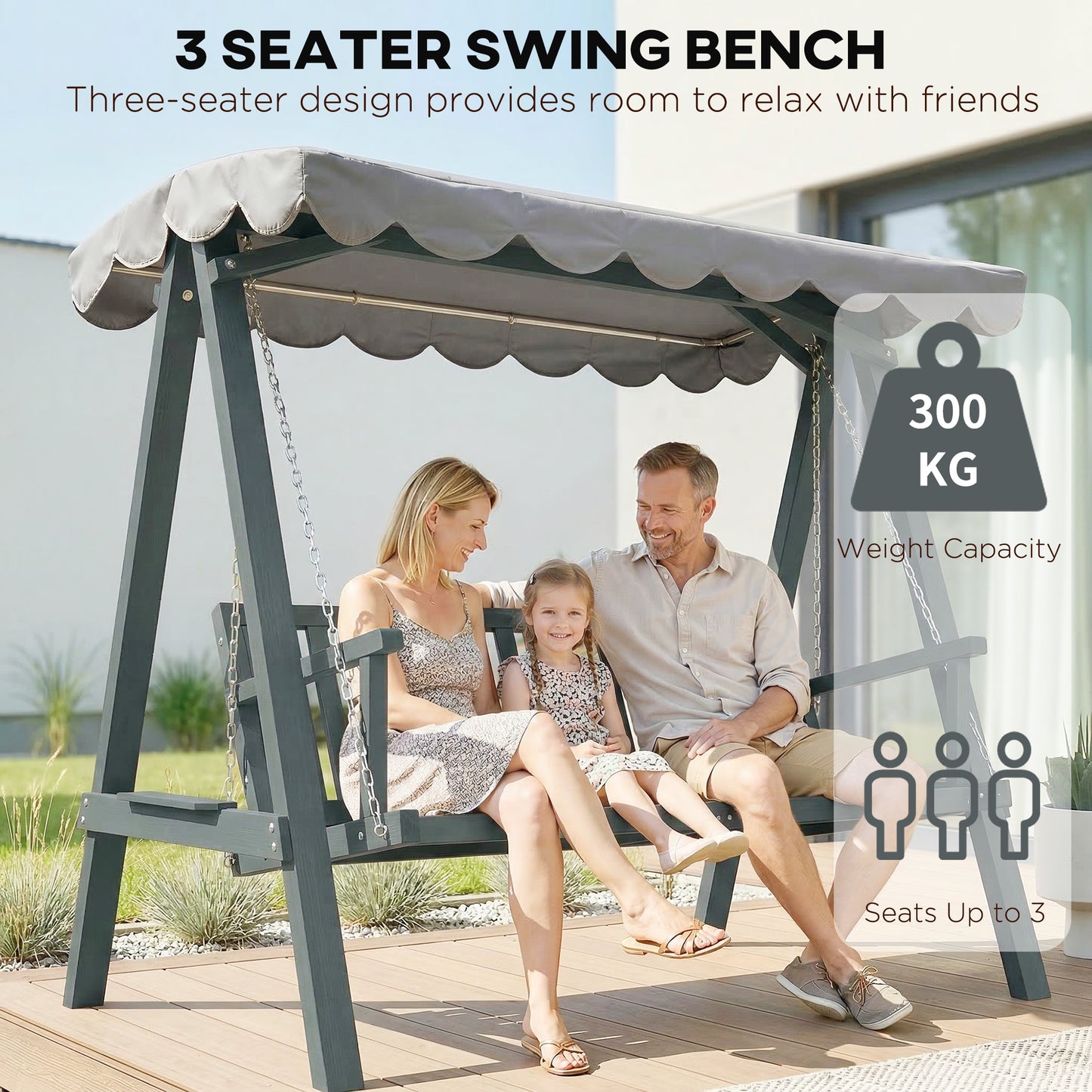 3 Seater Garden Swing Seat with Canopy, Outdoor Hammock Bench, Grey