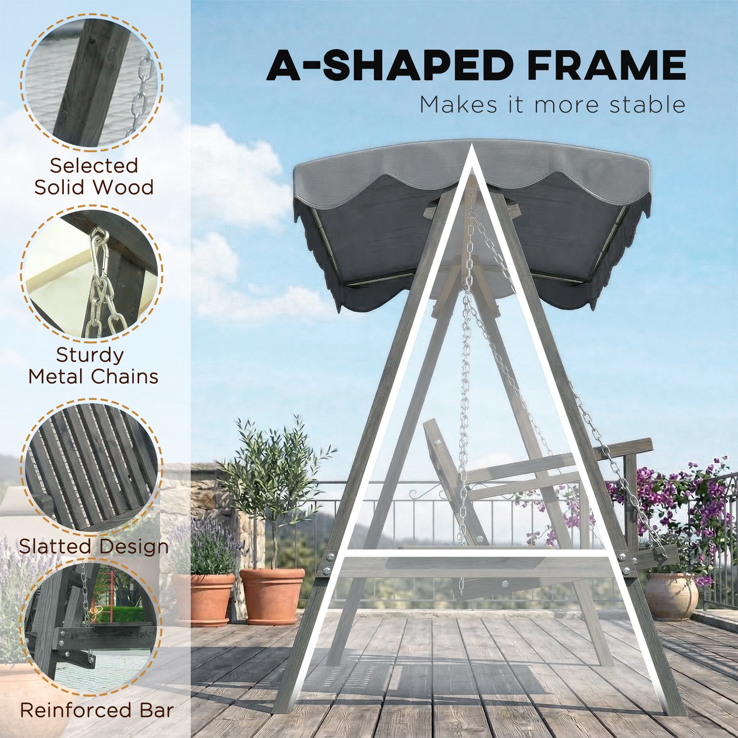 3 Seater Garden Swing Seat with Canopy, Outdoor Hammock Bench, Grey