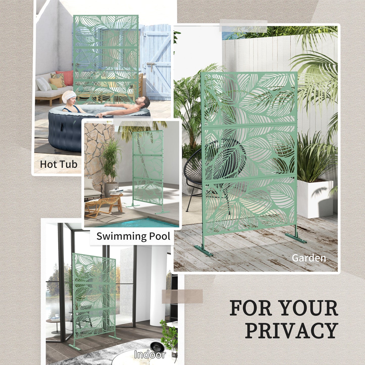 6.5FT Metal Outdoor Privacy Screen Panel w/ Stand, Leaf Style - Green