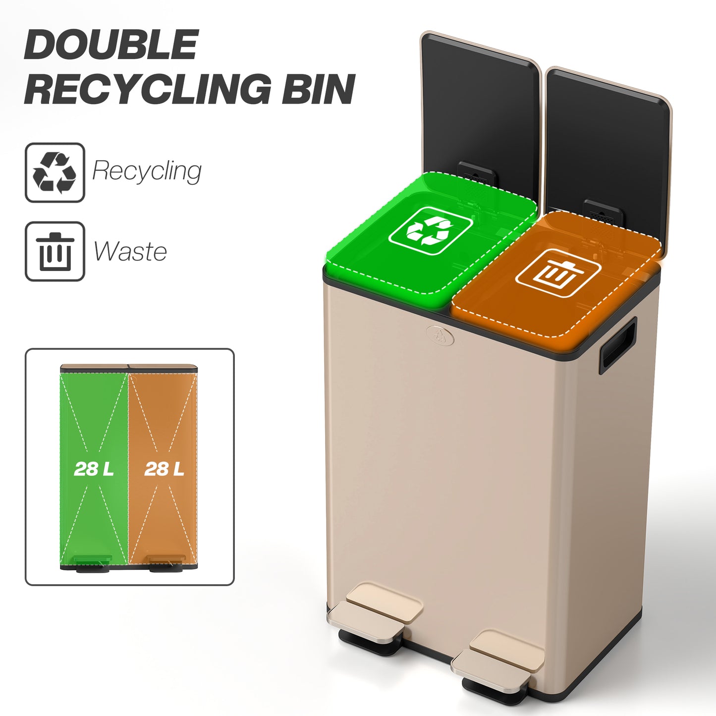2 x 28L Dual Kitchen Bin Pedal Bin for Recycling and Waste, Gold Tone