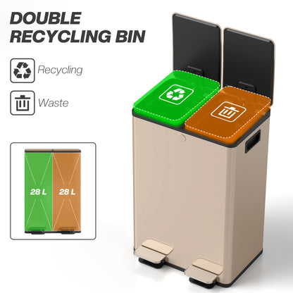 2 x 28L Dual Kitchen Bin Pedal Bin for Recycling and Waste, Gold Tone