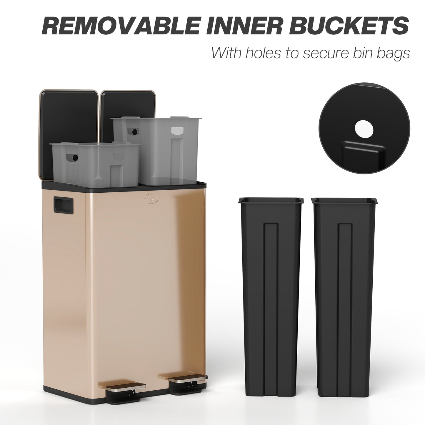 2 x 28L Dual Kitchen Bin Pedal Bin for Recycling and Waste, Gold Tone