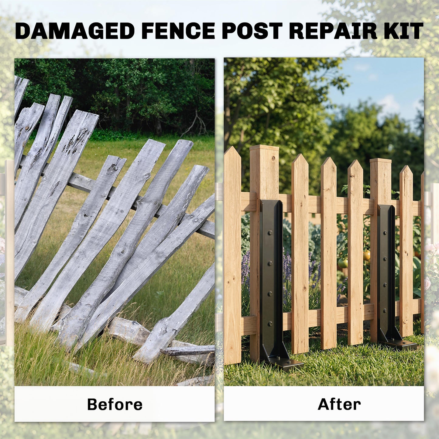 2 Pack Fence Post Repair Kit, Metal Fence Post Support with Drill