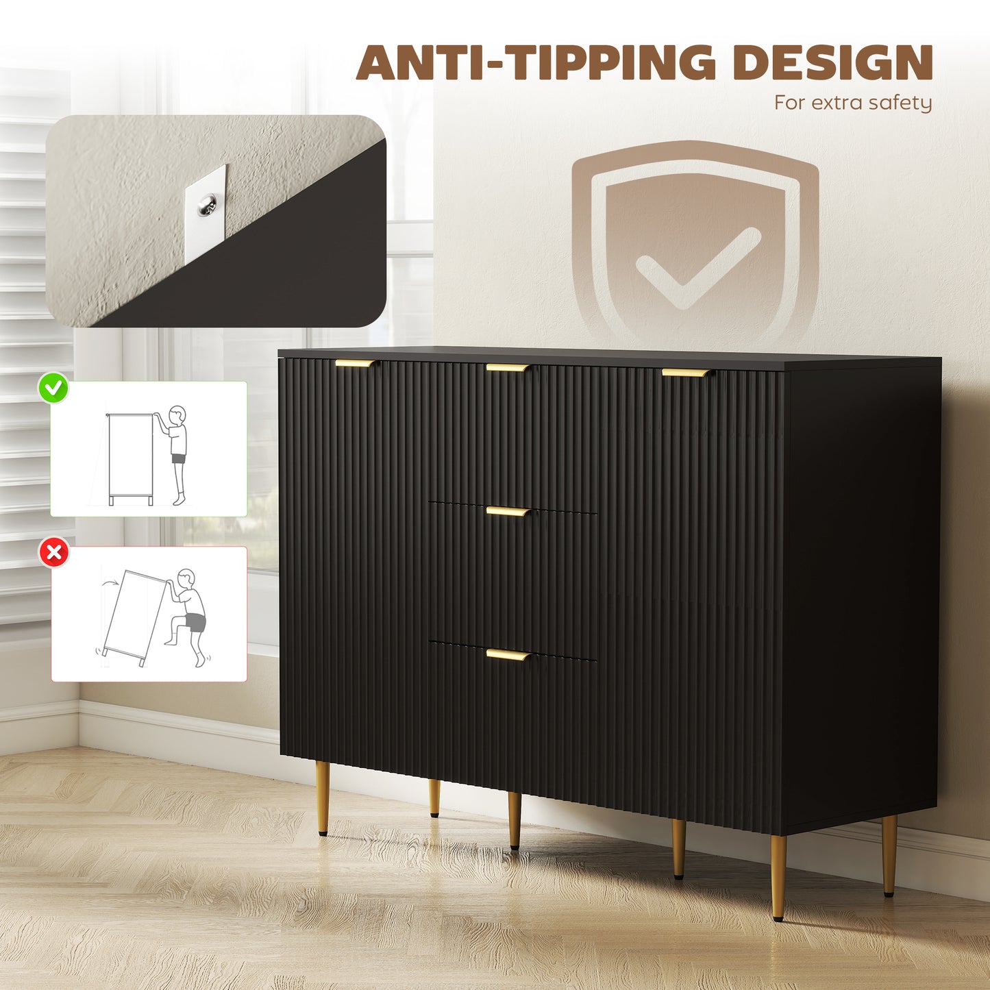Sideboard Buffet Cabinet w/ 3 Drawers and Adjustable Shelves, Black