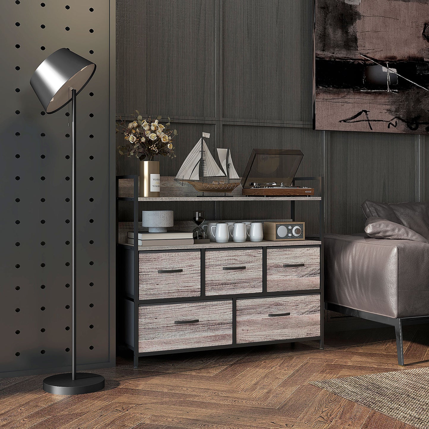 Bedroom Chest of Drawers 5 Drawer Dresser w/ Shelves, Grey Wood Effect