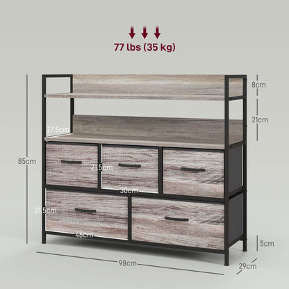 Bedroom Chest of Drawers 5 Drawer Dresser w/ Shelves, Grey Wood Effect