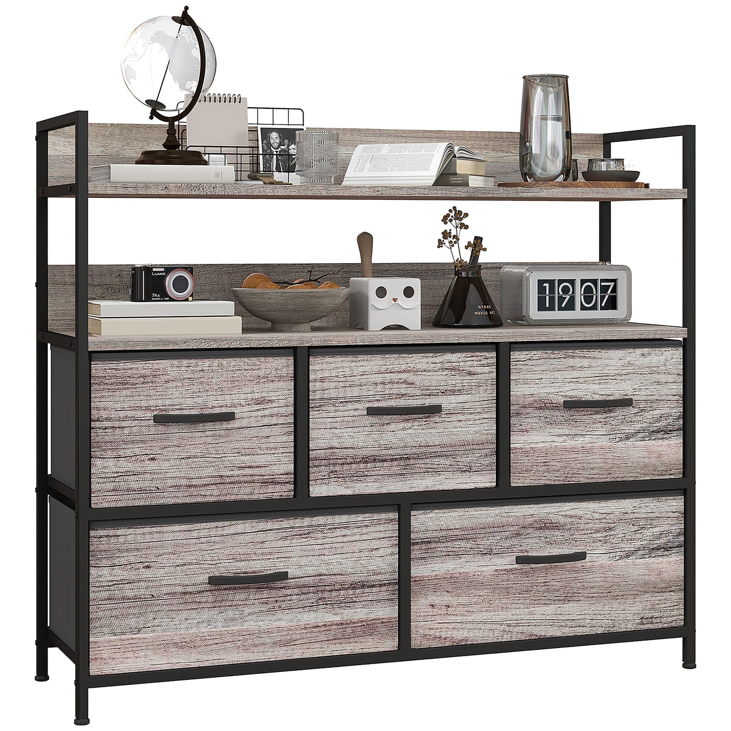 Bedroom Chest of Drawers 5 Drawer Dresser w/ Shelves, Grey Wood Effect