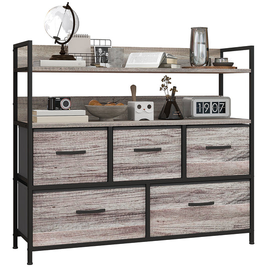 Bedroom Chest of Drawers 5 Drawer Dresser w/ Shelves, Grey Wood Effect