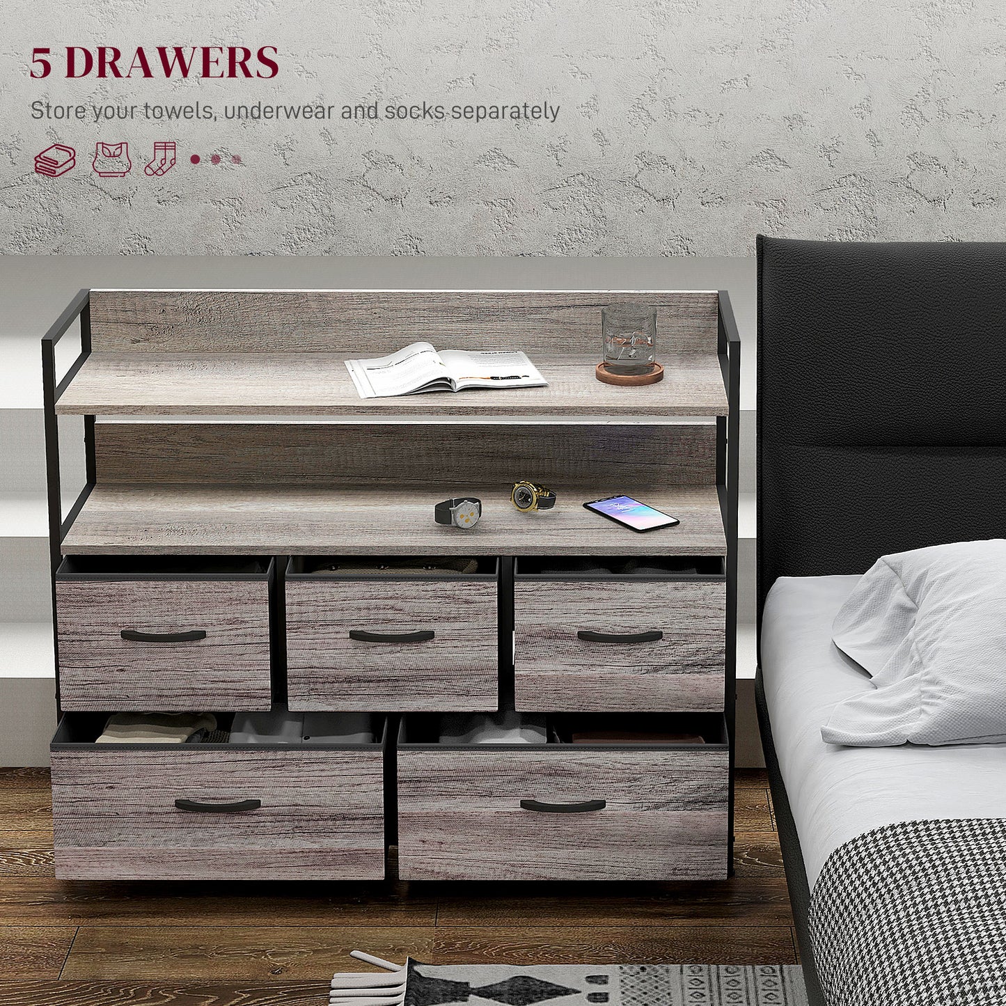 Bedroom Chest of Drawers 5 Drawer Dresser w/ Shelves, Grey Wood Effect