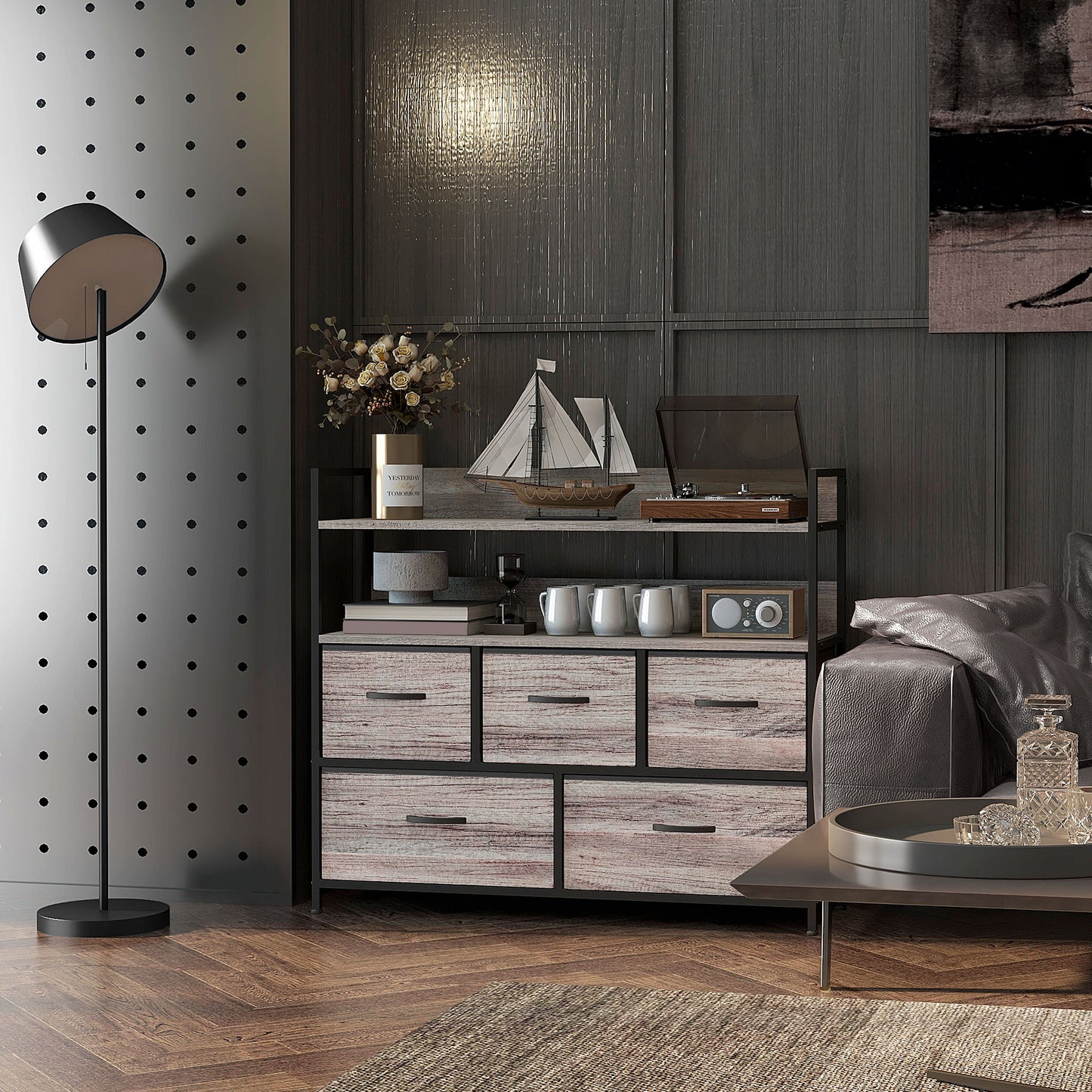 Bedroom Chest of Drawers 5 Drawer Dresser w/ Shelves, Grey Wood Effect