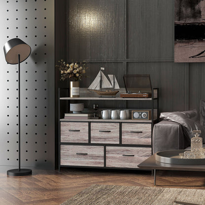 Bedroom Chest of Drawers 5 Drawer Dresser w/ Shelves, Grey Wood Effect