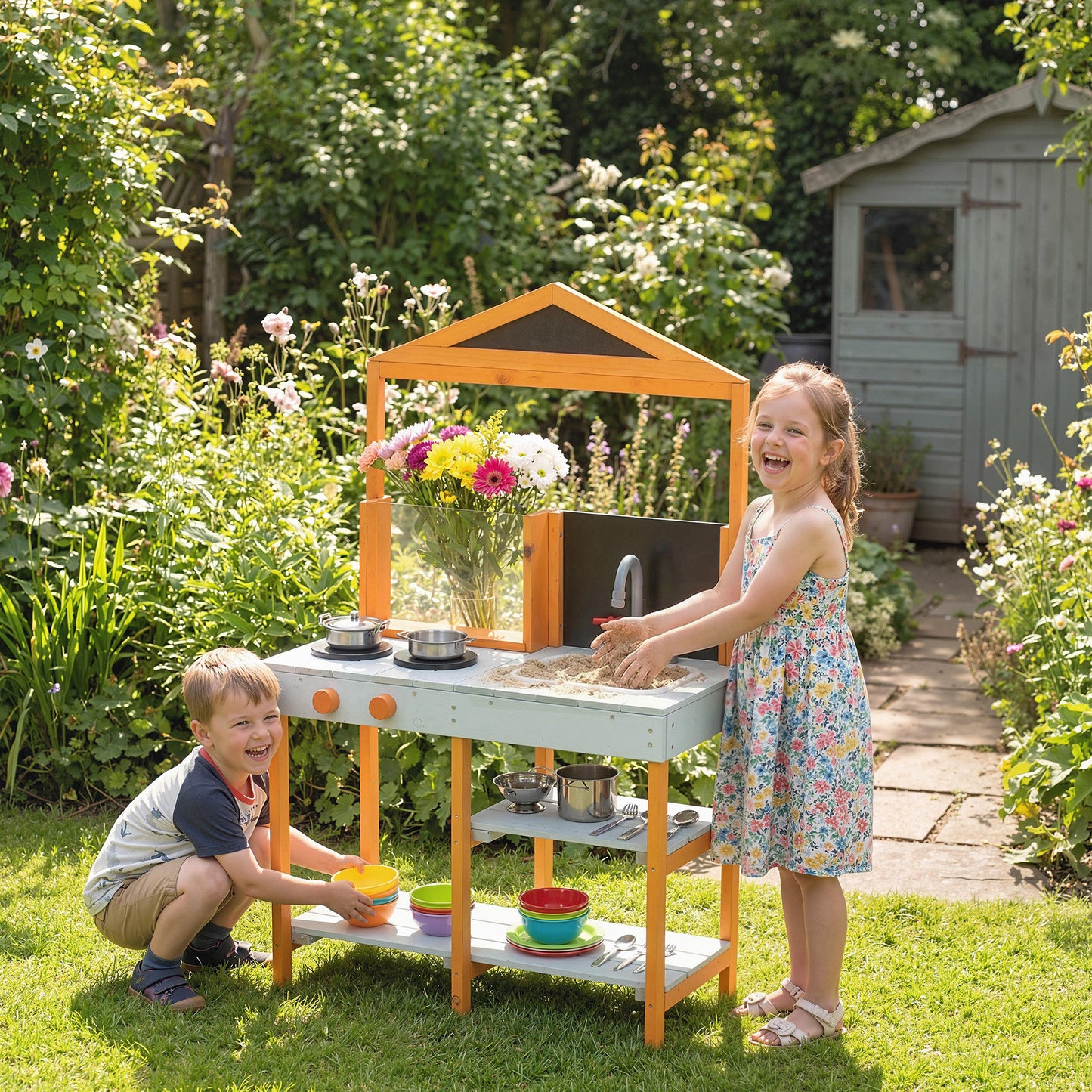 Wooden Mud Kitchen for Kids with Removable Sink, Cookware, Shelves