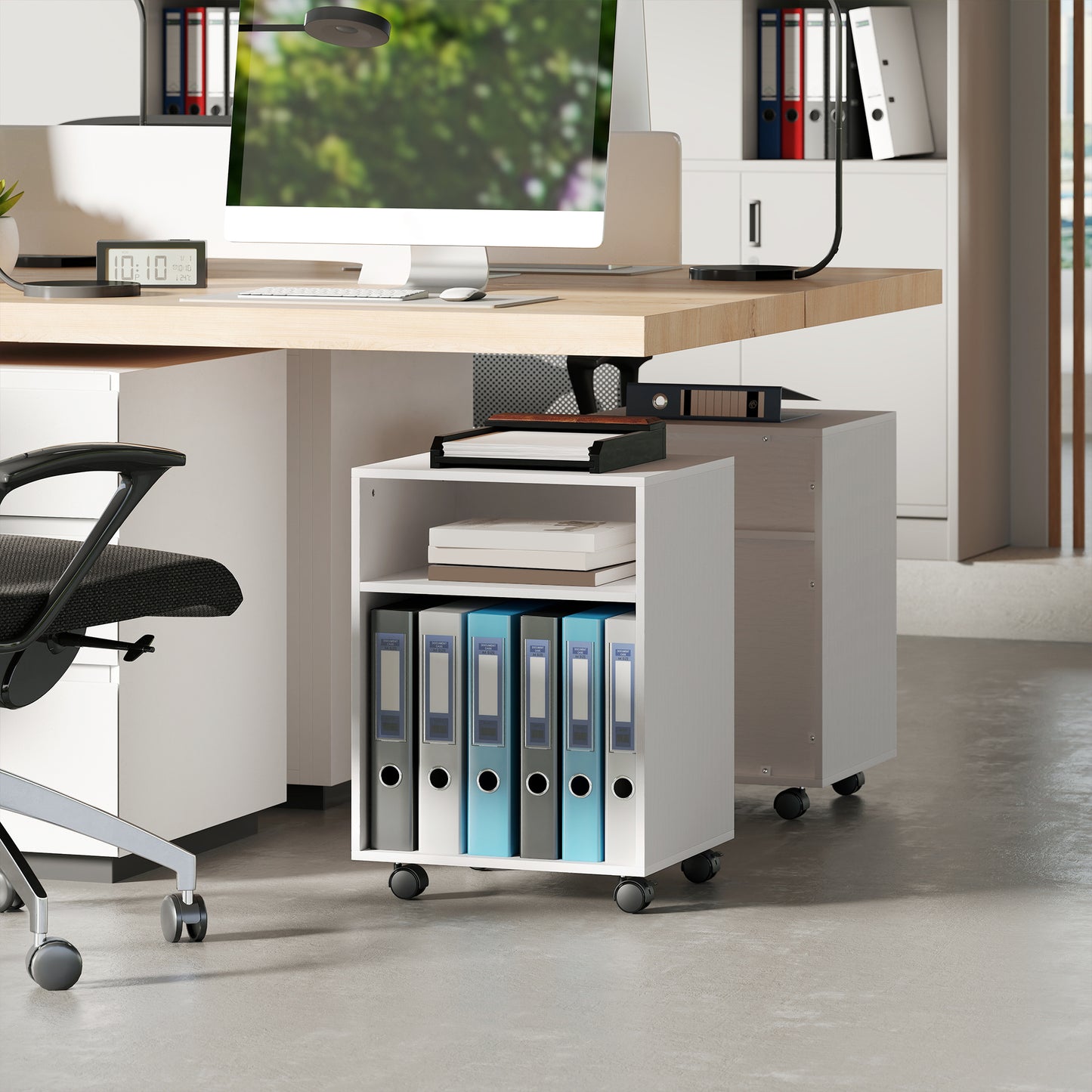 2-Tier Printer Stand with Storage and Wheels, White