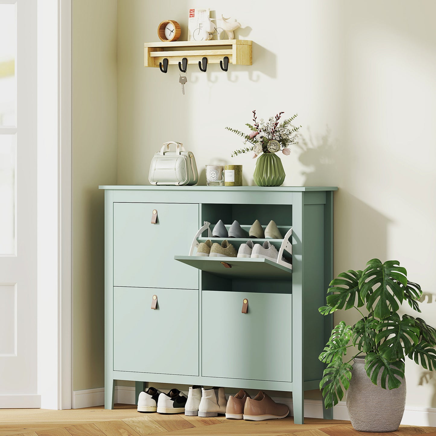 4 Drawer Shoe Cabinet with Flip Doors for Hallway, Entryway, Green