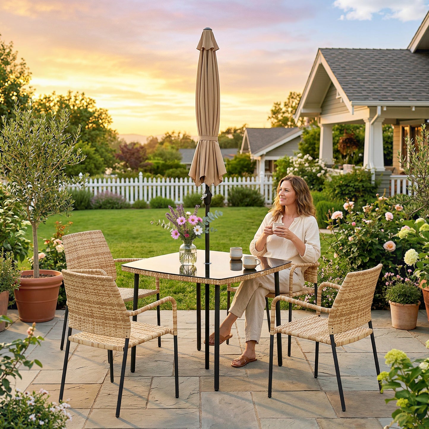 4 Seater Rattan Dining Set with Parasol, Light Brown