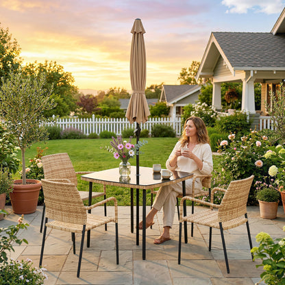 4 Seater Rattan Dining Set with Parasol, Light Brown