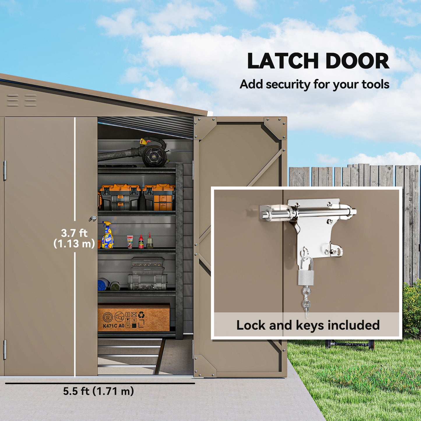 5 x 9ft Galvanised Metal Garden Shed with Foundation Kit, Brown