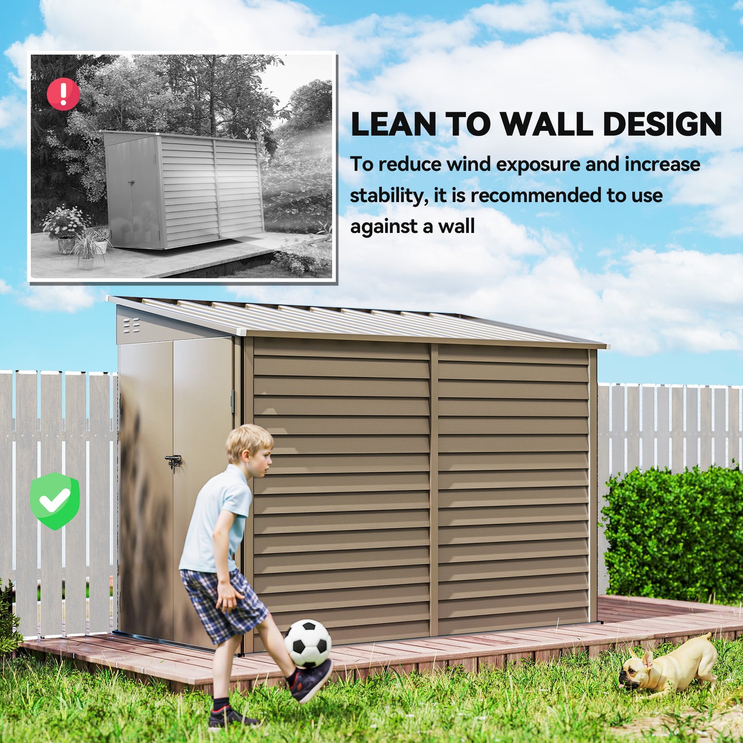5 x 9ft Galvanised Metal Garden Shed with Foundation Kit, Brown