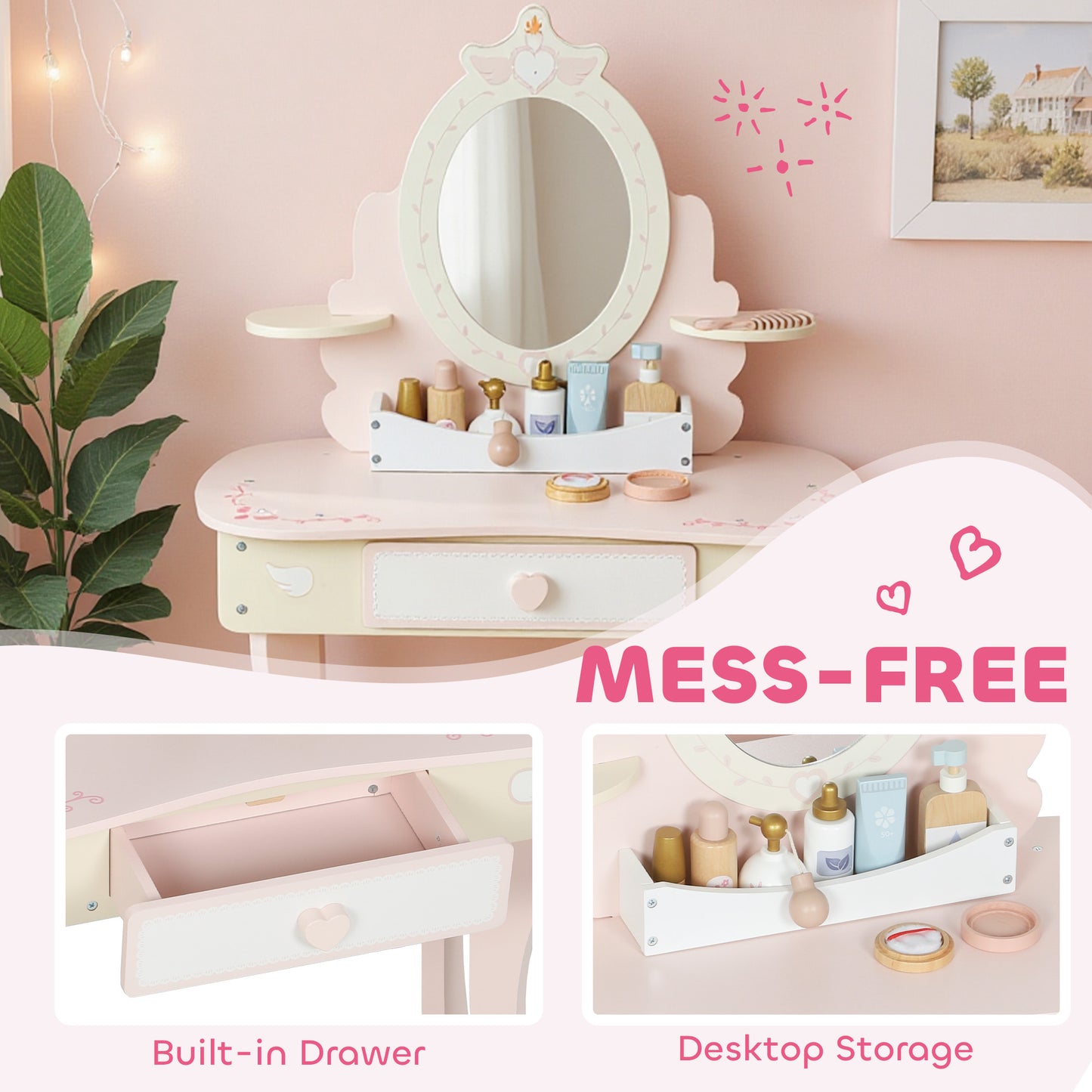 Kids Dressing Table, Girls Vanity Set w/ Stool, 7 Play Accessories
