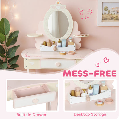 Kids Dressing Table, Girls Vanity Set w/ Stool, 7 Play Accessories