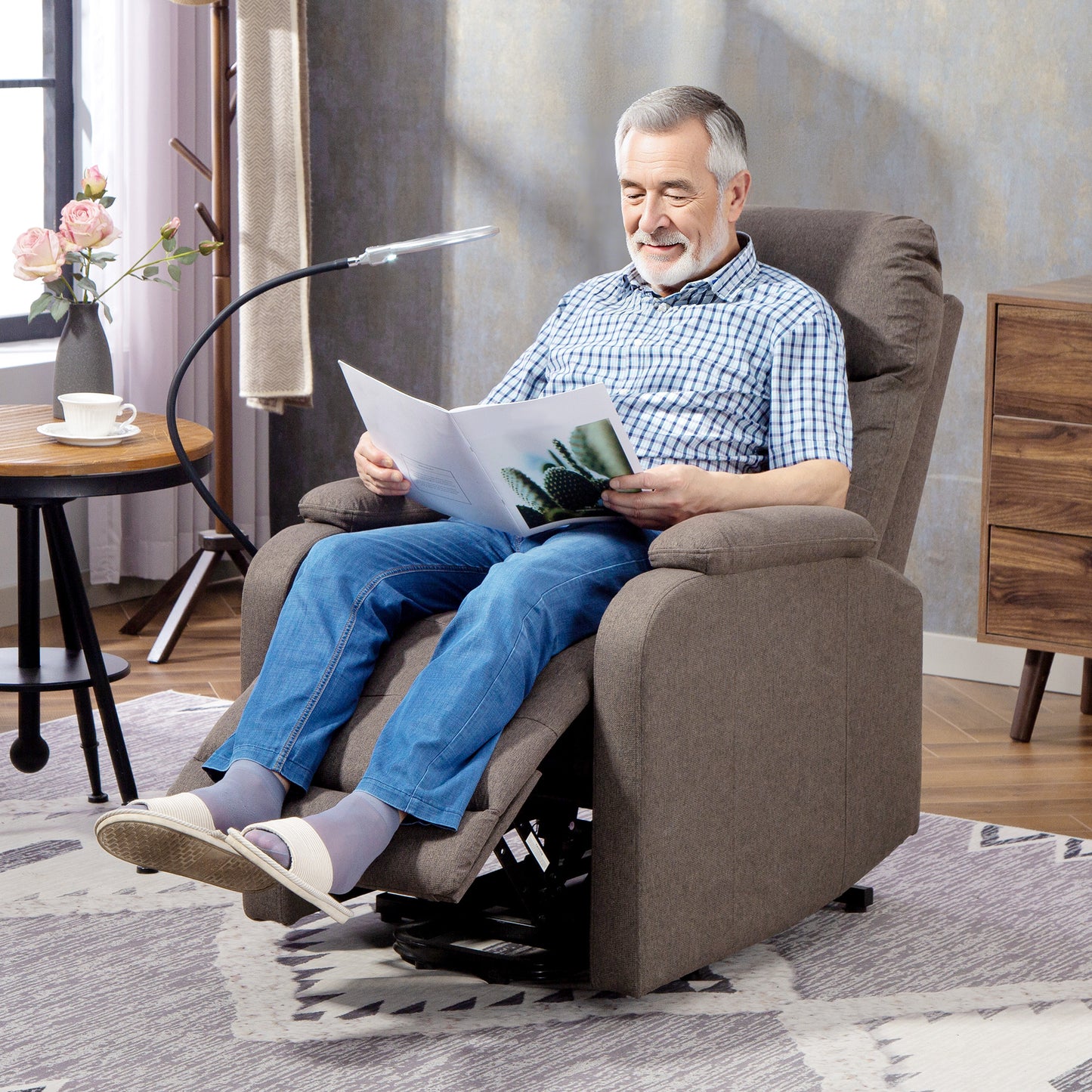 Linen Fabric Electric Recliner Chair with Remote Control, Brown