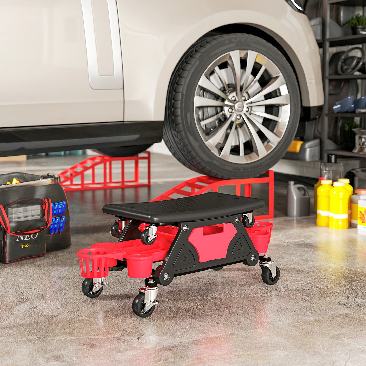 Rolling Mechanic Stool, 135kg Capacity Workshop Stool, Red