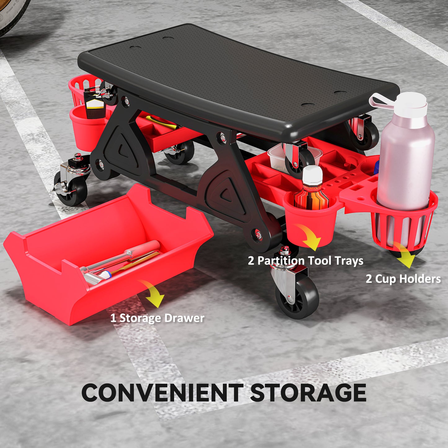 Rolling Mechanic Stool, 135kg Capacity Workshop Stool, Red