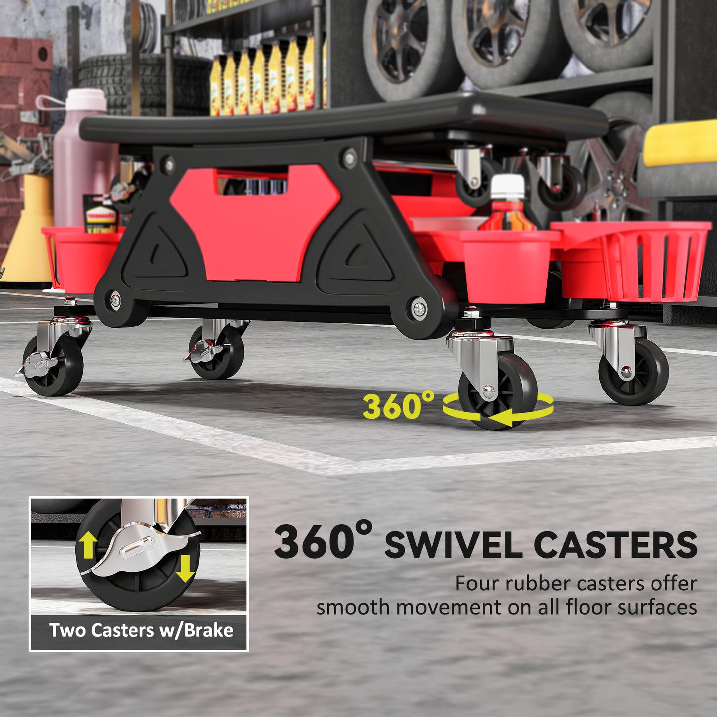 Rolling Mechanic Stool, 135kg Capacity Workshop Stool, Red
