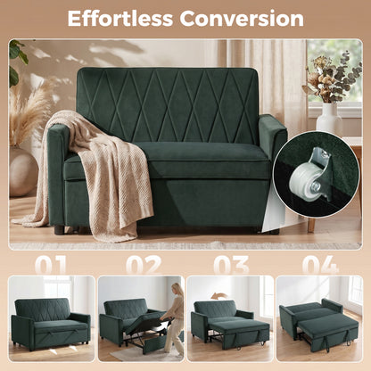 2 Seater Sofa Bed, 3-in-1 Convertible Pull Out Sleeper Sofa, Velvet Loveseat Bed Settee with Clik-Clack Adjustable Backrest, High-Density Foam for Living Room, Bedroom, Guest Room, Dark Green