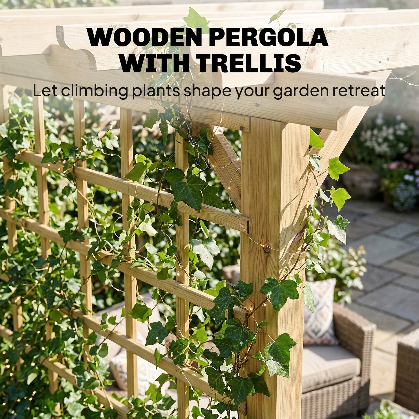 3 x 3 m Wooden Pergola Gazebo Arch with Trellis, Nature Wood Finish