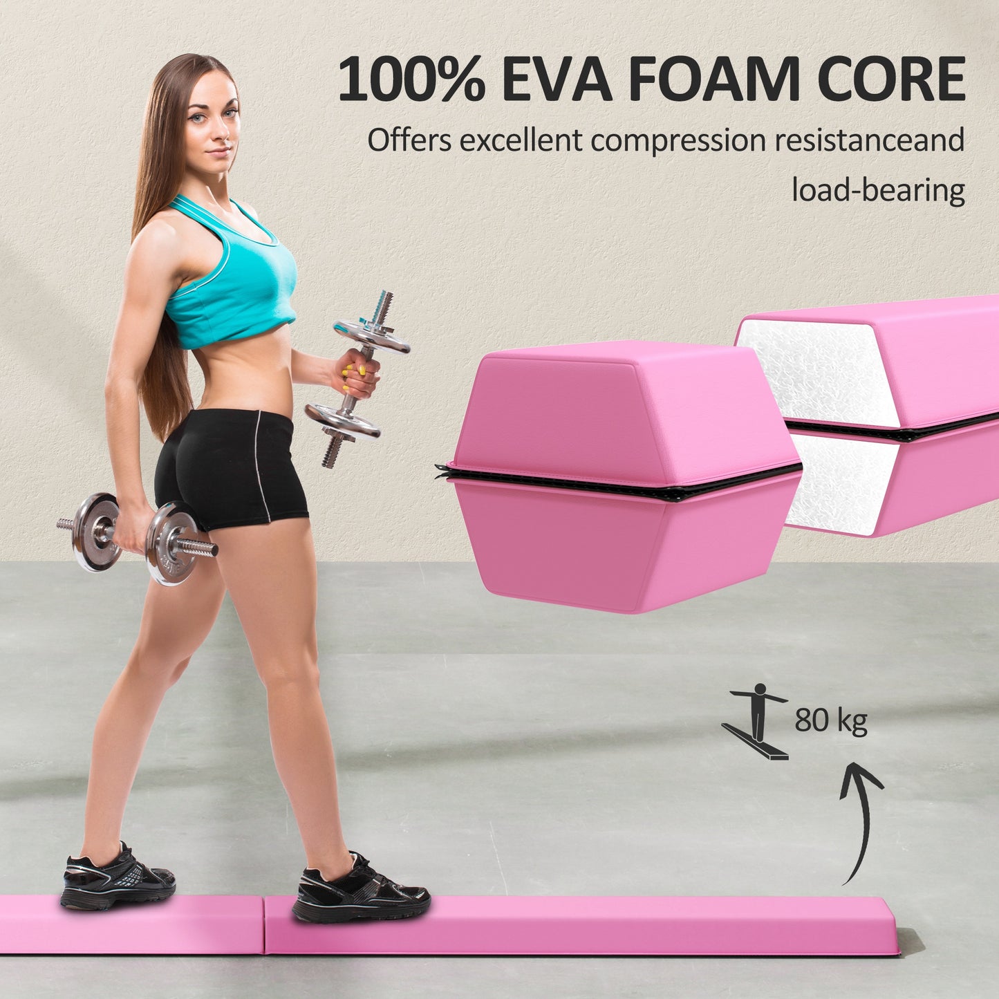 7.7FT Folding Gymnastics Balance Beam with Anti-Slip Base, Pink
