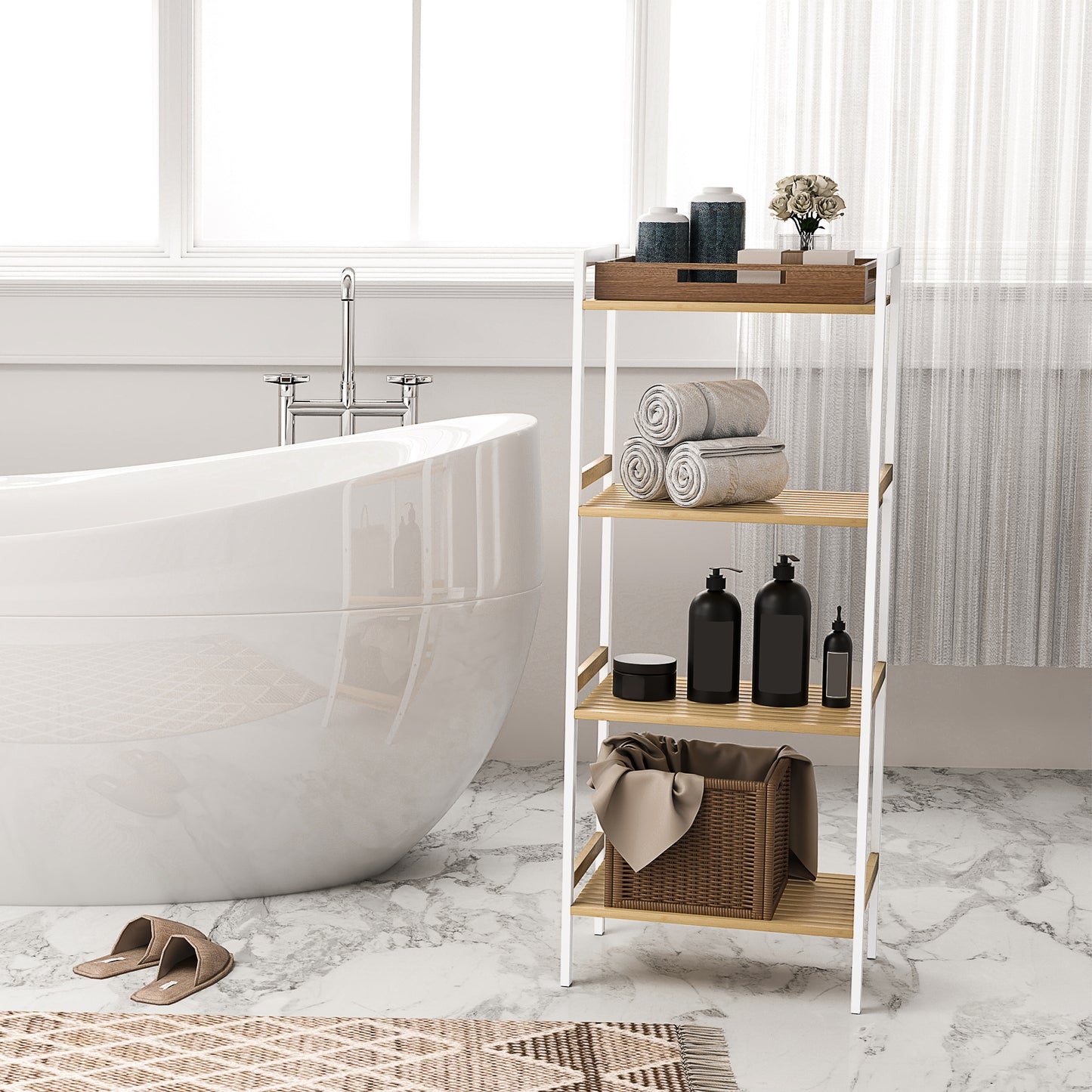 4-Tier Bamboo Bathroom Shelf with Adjustable Rack, Natural, White