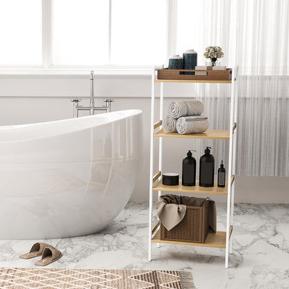 4-Tier Bamboo Bathroom Shelf with Adjustable Rack, Natural, White