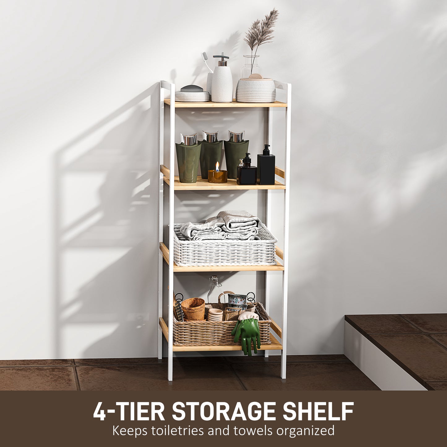 4-Tier Bamboo Bathroom Shelf with Adjustable Rack, Natural, White