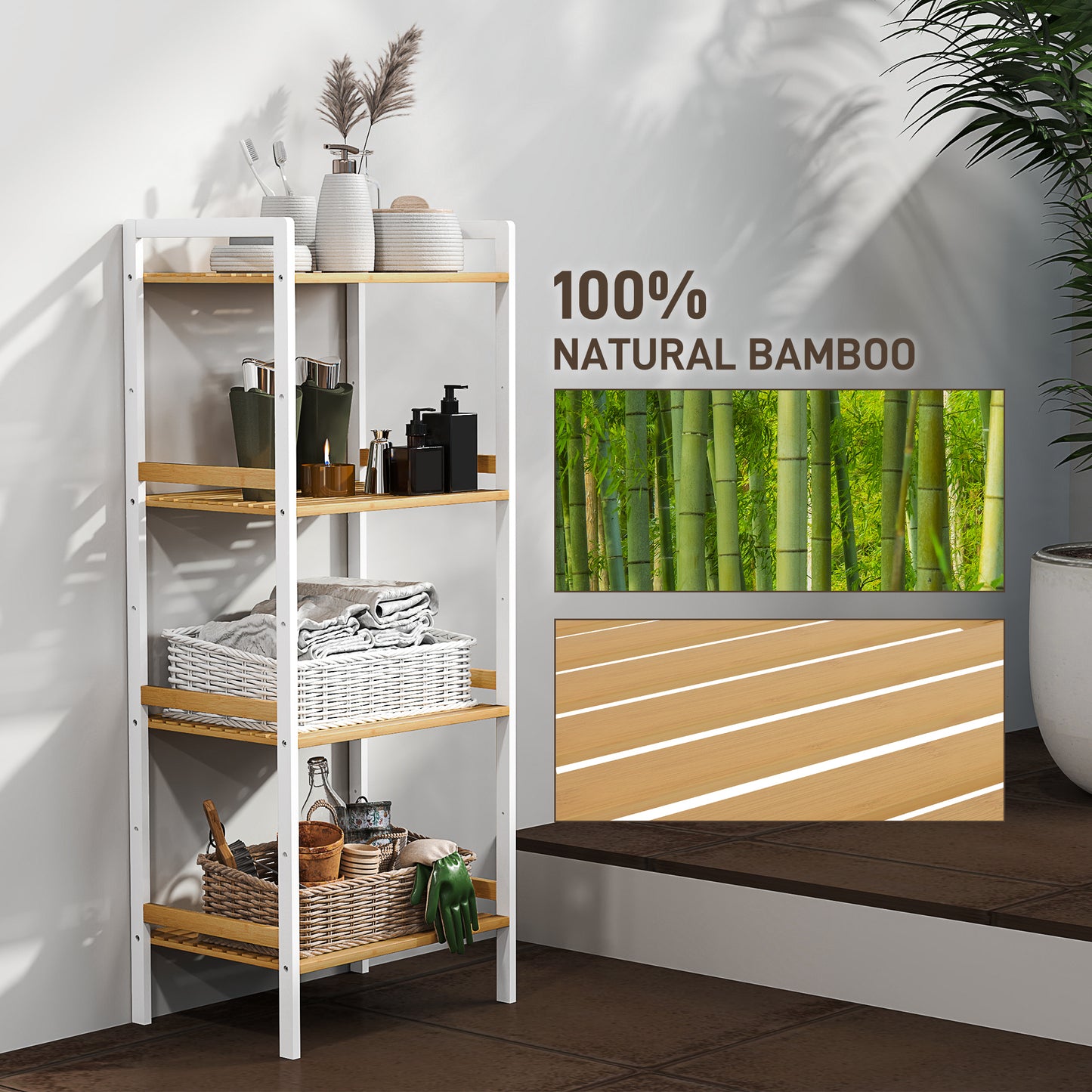 4-Tier Bamboo Bathroom Shelf with Adjustable Rack, Natural, White