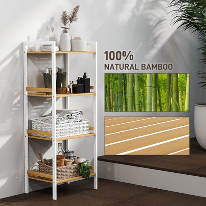 4-Tier Bamboo Bathroom Shelf with Adjustable Rack, Natural, White