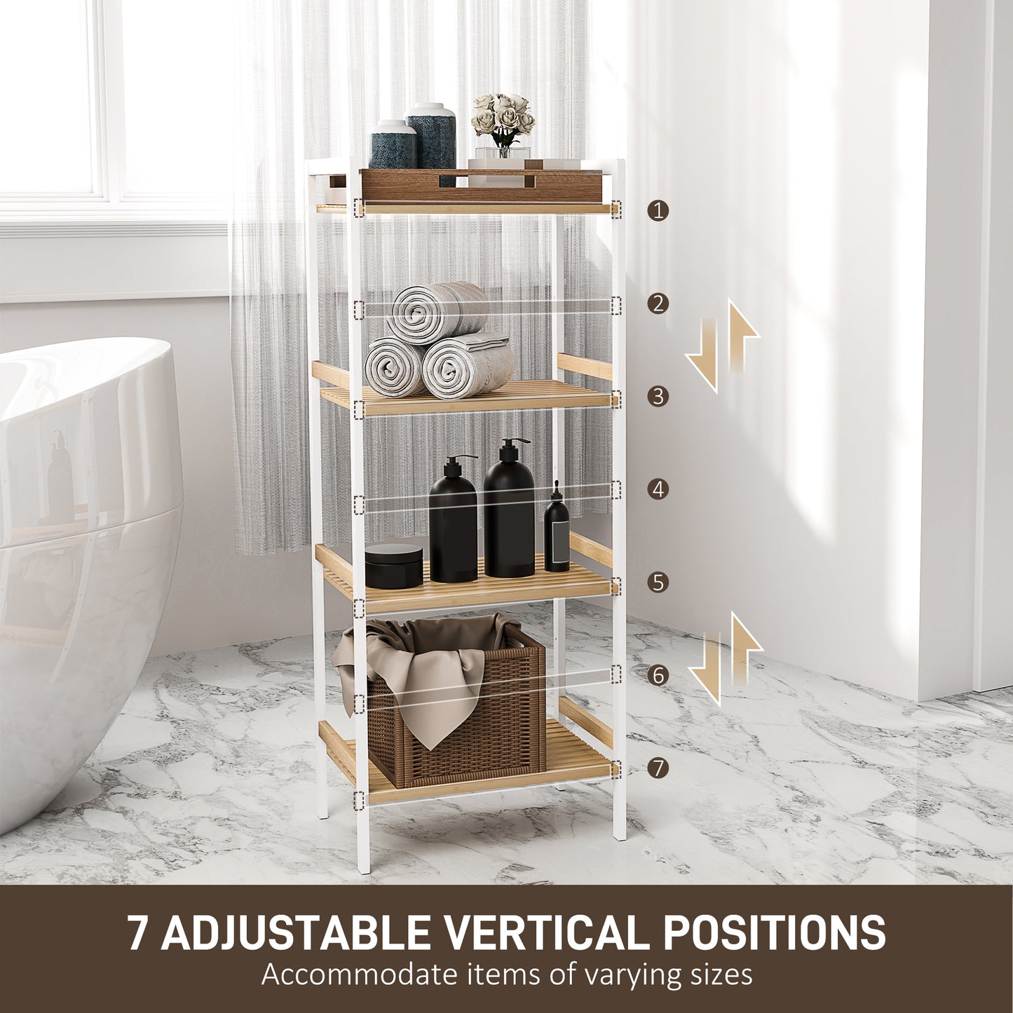 4-Tier Bamboo Bathroom Shelf with Adjustable Rack, Natural, White