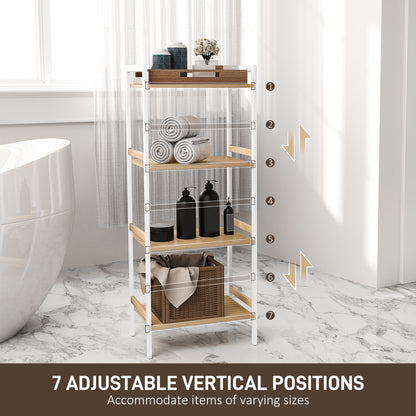 4-Tier Bamboo Bathroom Shelf with Adjustable Rack, Natural, White