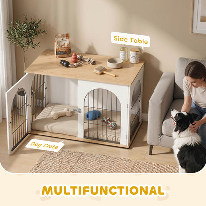 Dog Crate Furniture, Indoor Dog Cage with Double Doors for Large Breeds, Pet Kennel End Side Table with Arched Door Design, 100 x 60 x 69 cm, White