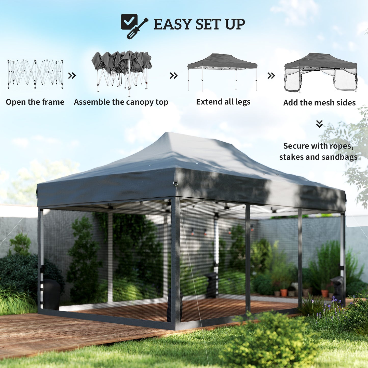 3 x 4.5 m Pop Up Gazebo with Mesh, Heavy Duty Party Tent Marquee