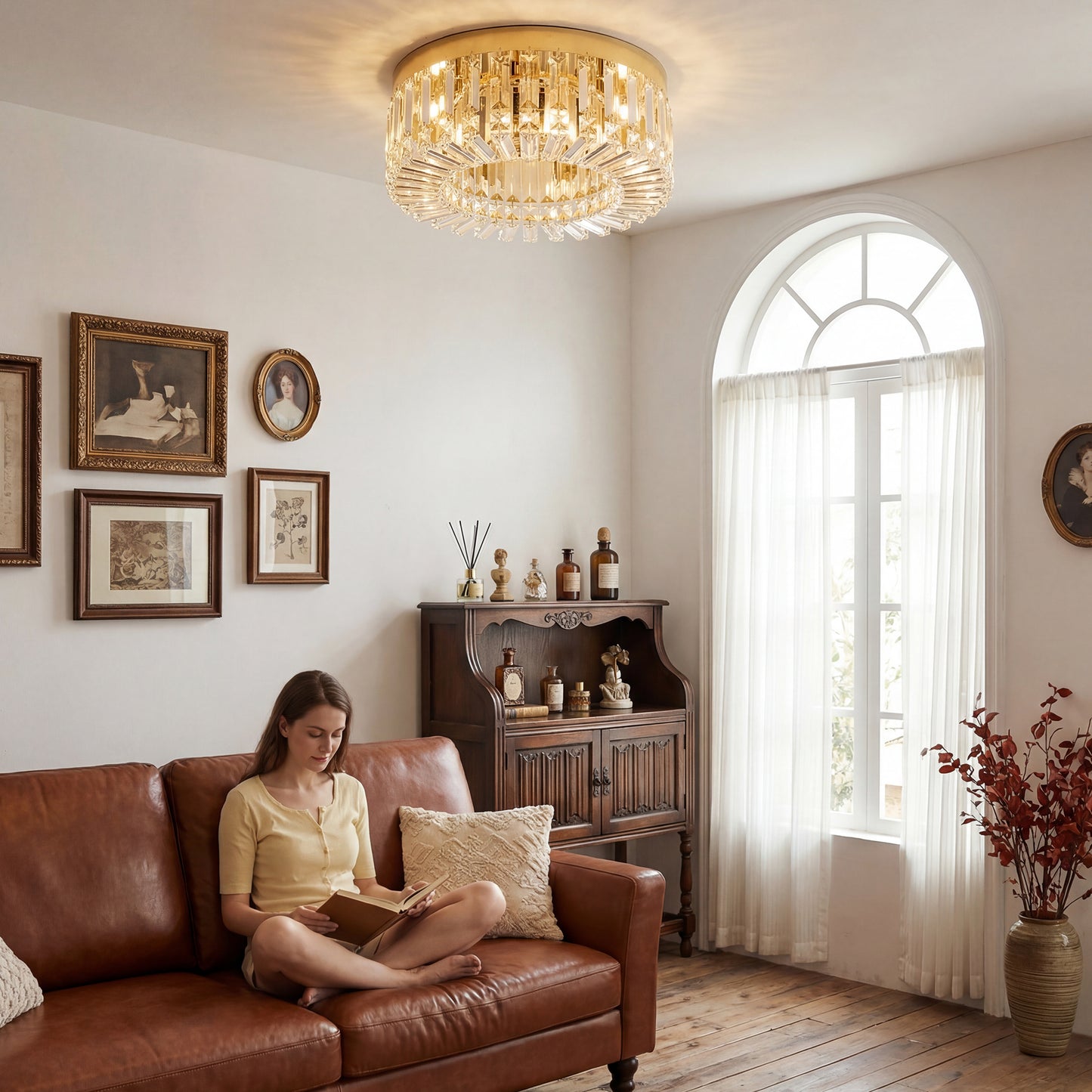 Crystal Ceiling Light with 225 Crystal Pendants, Gold Tone